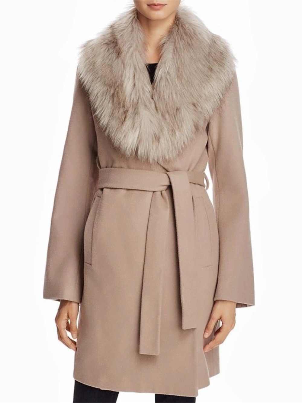 T Tahari Flora Faux Fur Trim Wrap Coat Brown Medium NWT M
